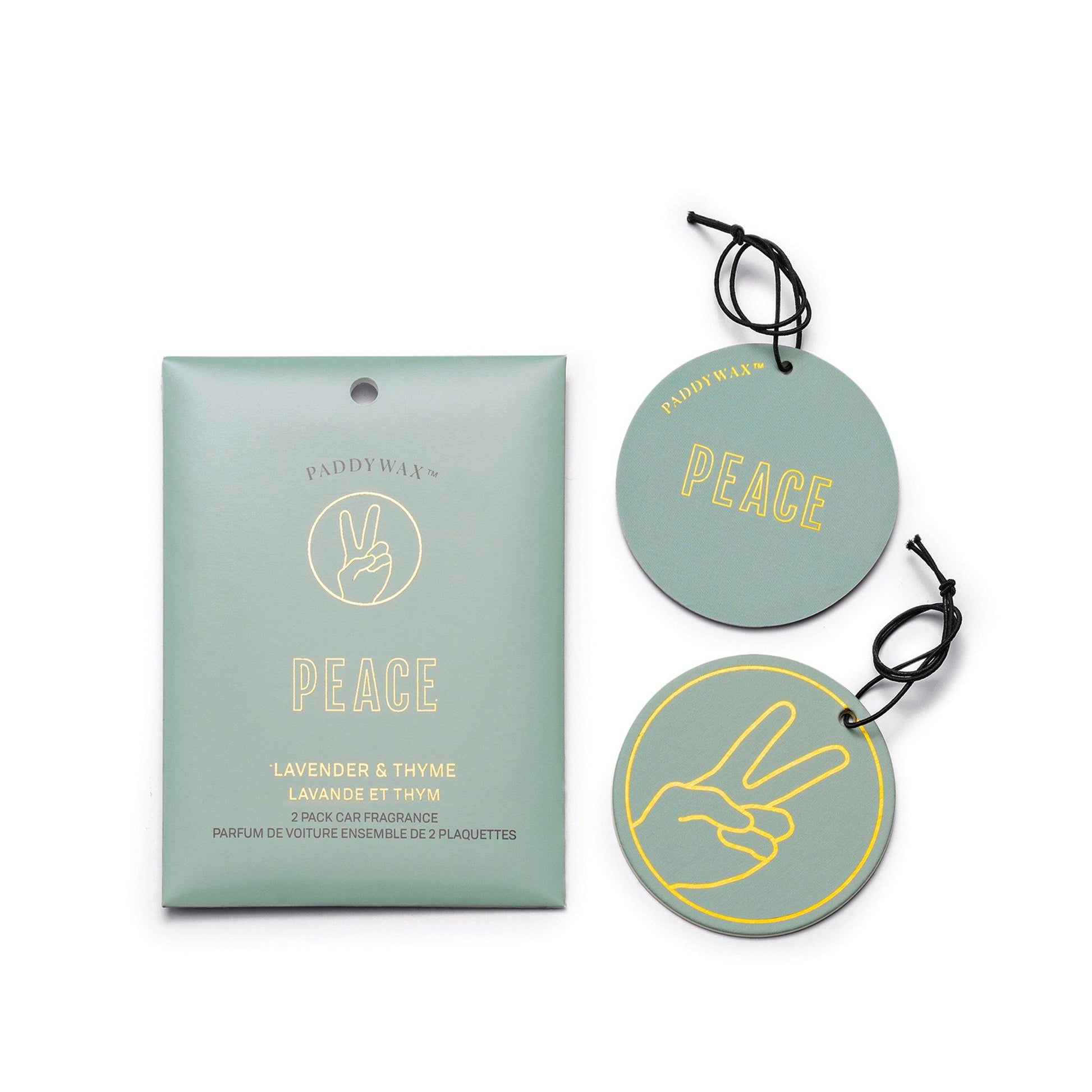 Impressions Car Fragrance - Lavender + Thyme "Peace" - light blue colored outlined in gold