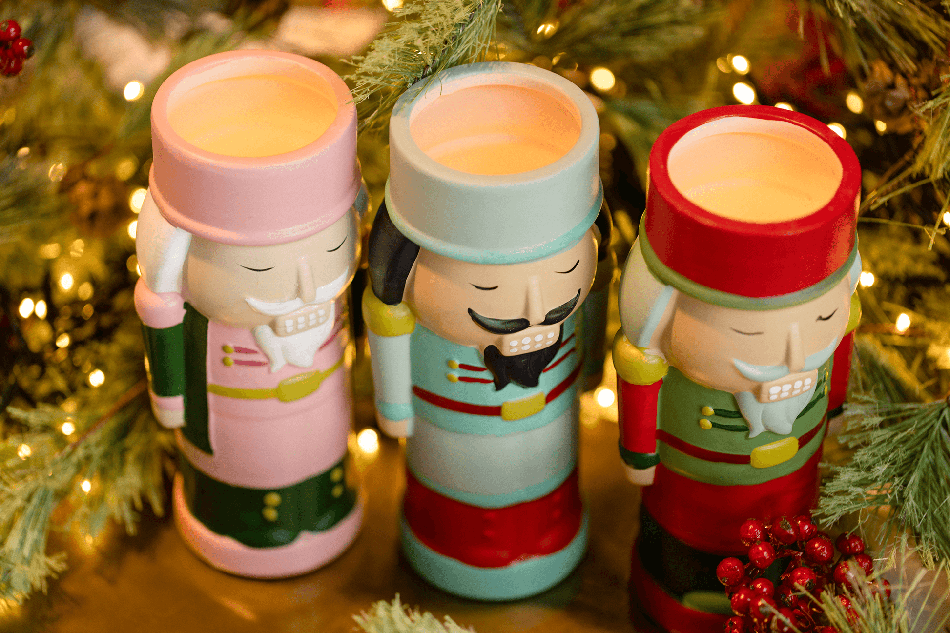 Nutcracker Candles lit with Christmas decor