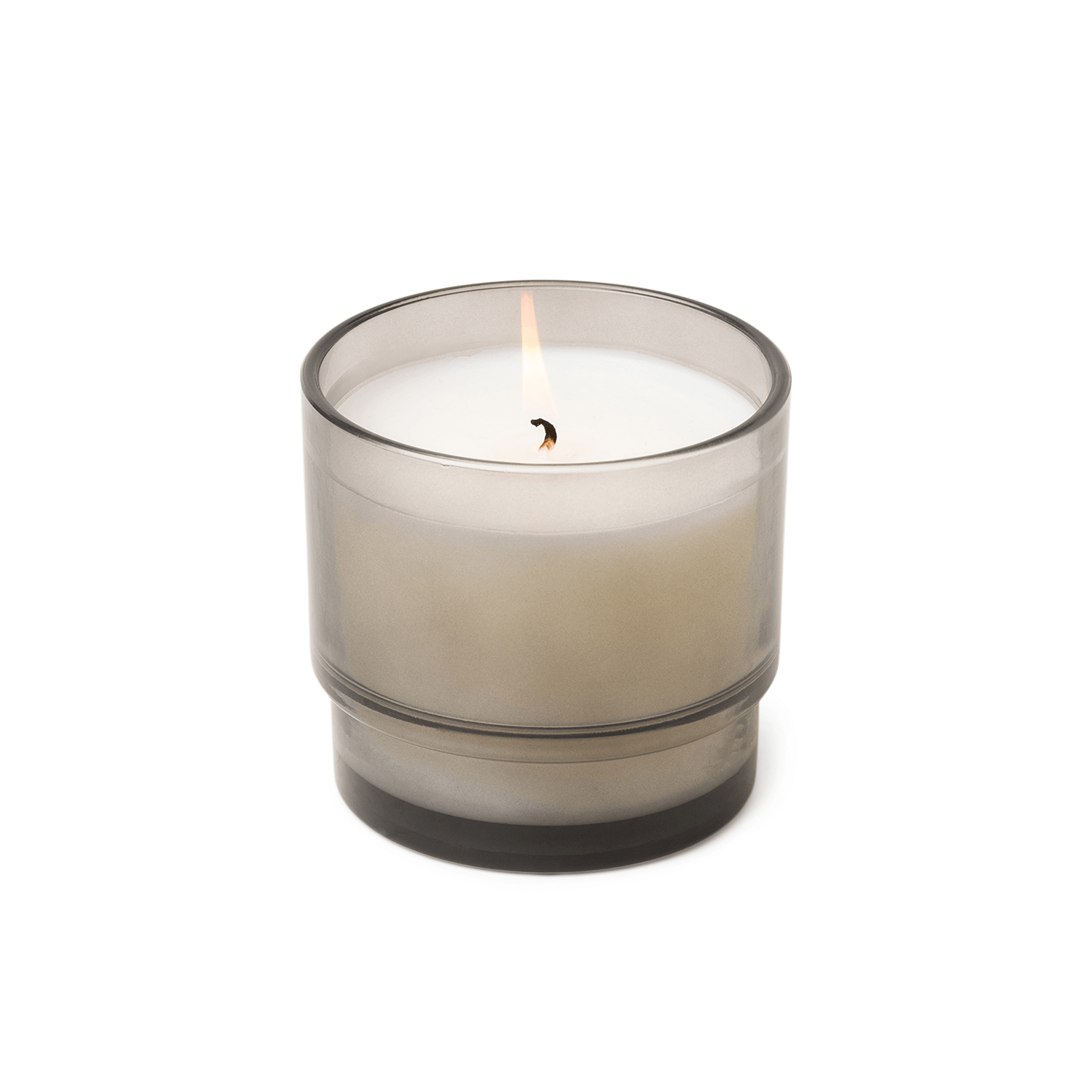 7 oz candle in glass vessel tinted dark gray; white wax; one wick; a part of the Al Fresco collection