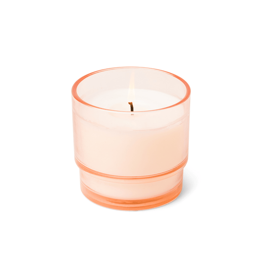 7 oz candle in glass vessel tinted light pink; white wax; one wick; a part of the Al Fresco collection