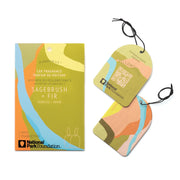 A package of Yellowstone - Parks Car Fragrance and two abstract air fresheners in green, blue, tan, and orange, inspired by Yellowstone National Park and featuring the National Park Foundation logo.