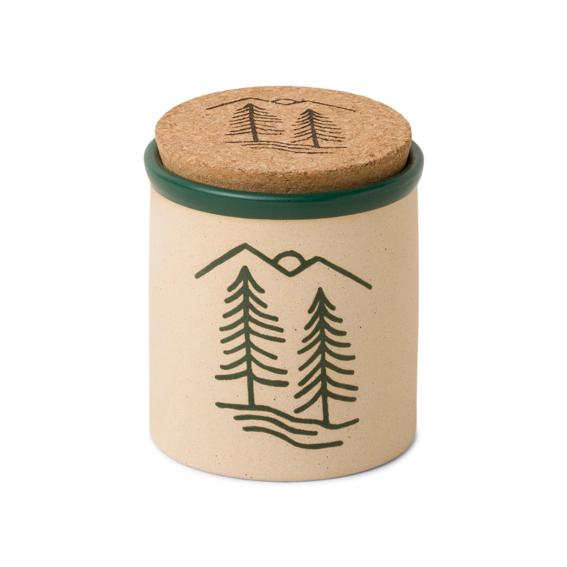 Cypress + Fir - 8 oz. Dark Green Ceramic Candle with tan colored vessel and cork top