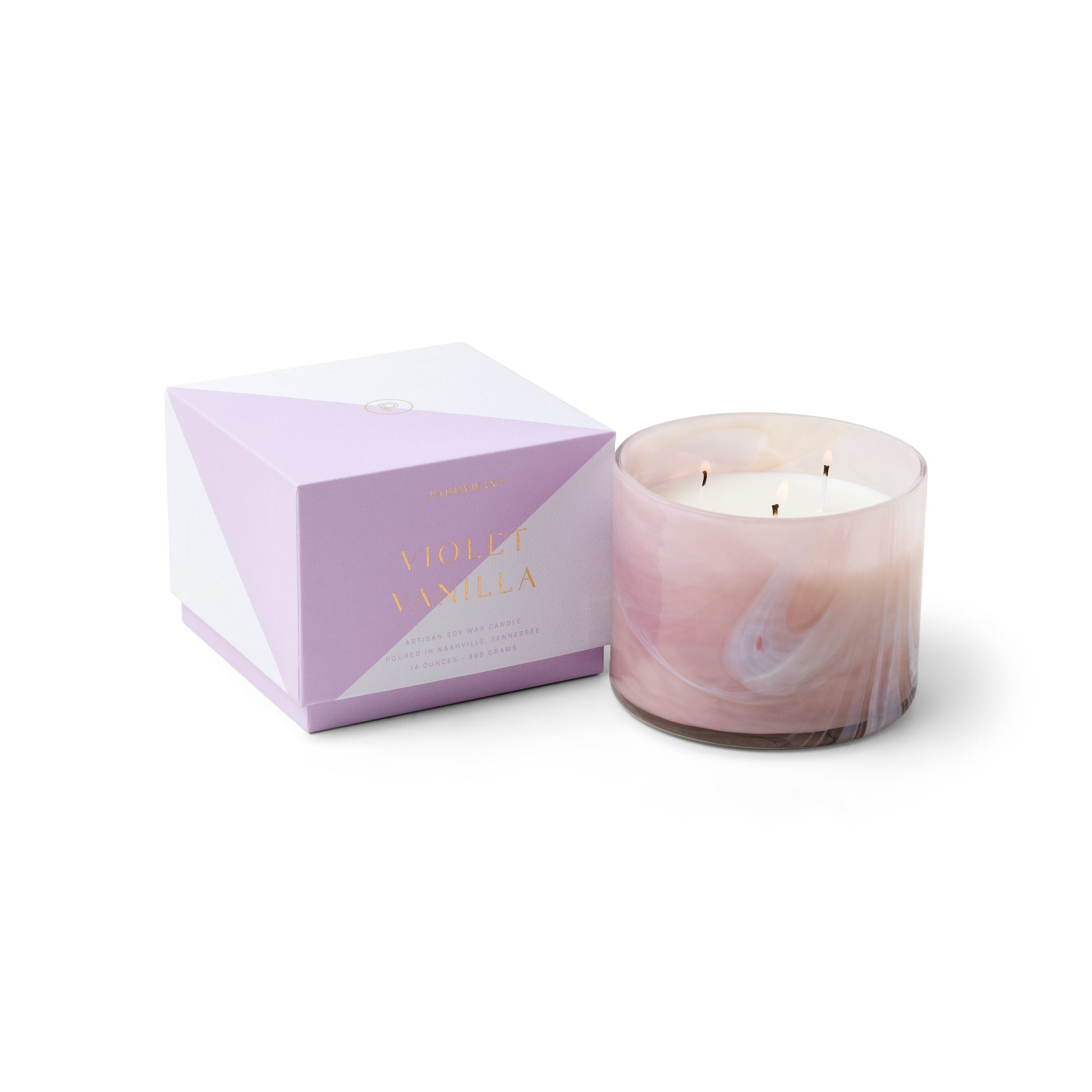whirl 14oz candle and box side by side violet vanilla