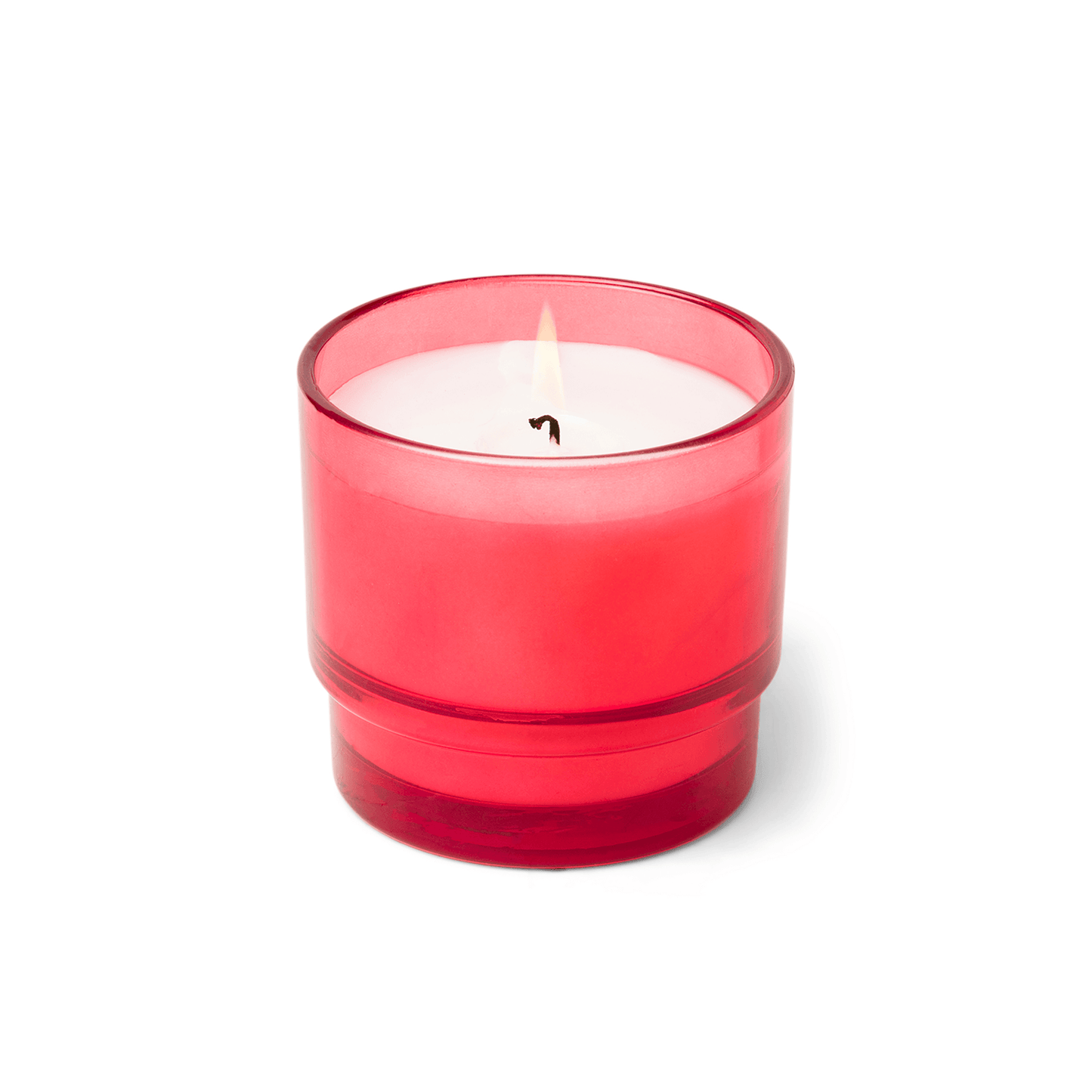 7 oz candle in glass vessel tinted bright red; white wax; one wick; a part of the Al Fresco collection