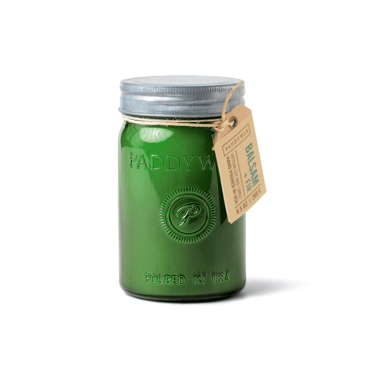 Relish 9.5 oz Candle - Balsam + Fir - green colored glass with tin lid