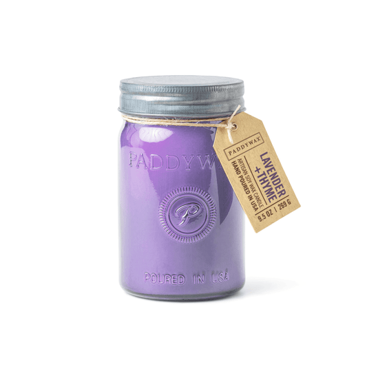 Relish 9.5 oz Candle - Lavender + Thyme - purple colored glass vessel with tin lid