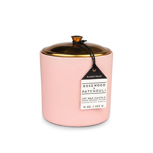 15 oz matte pink ceramic vessel with copper lid; hanging tag instead of label