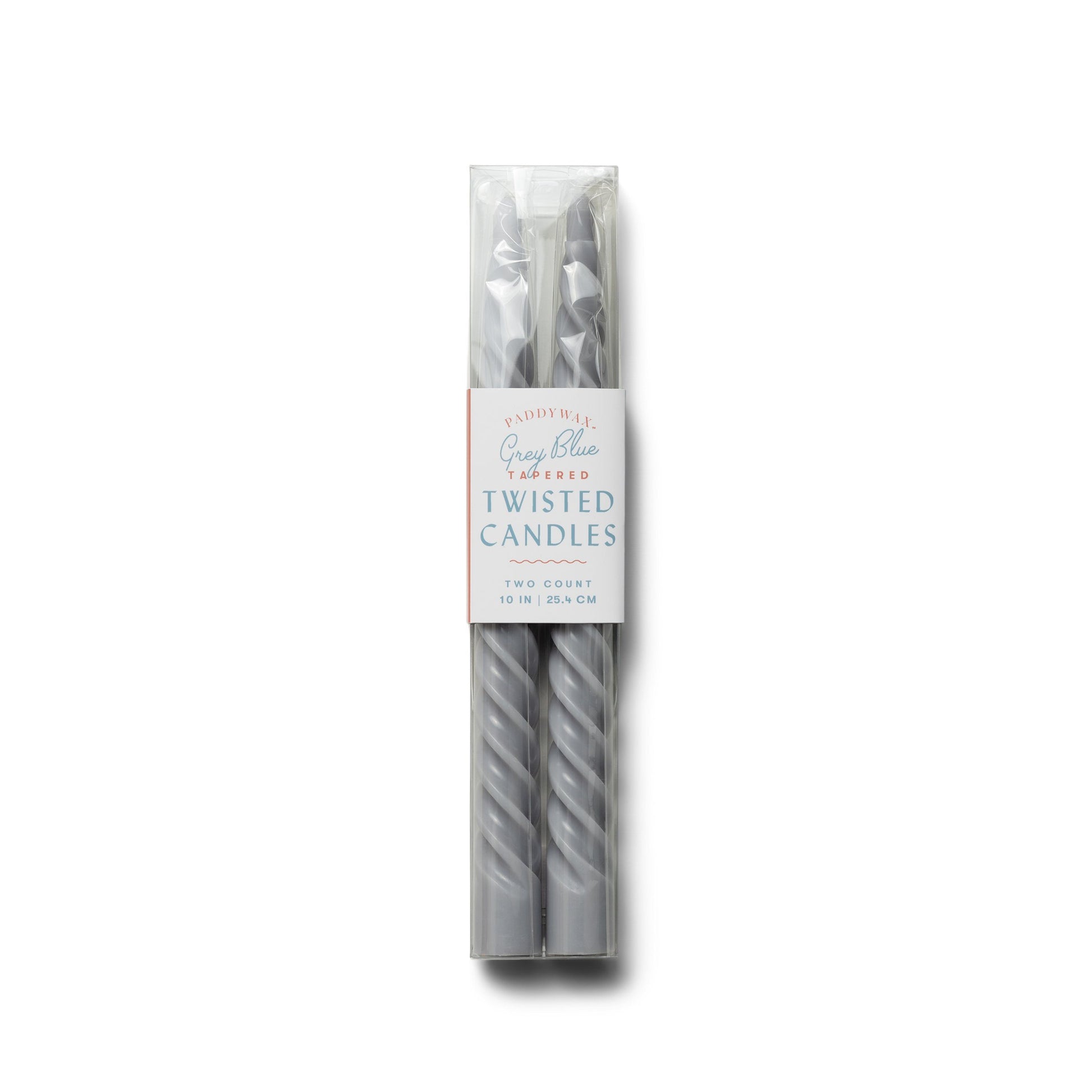 Two 10” gray twisted tapers pictured in a clear package with a white label
