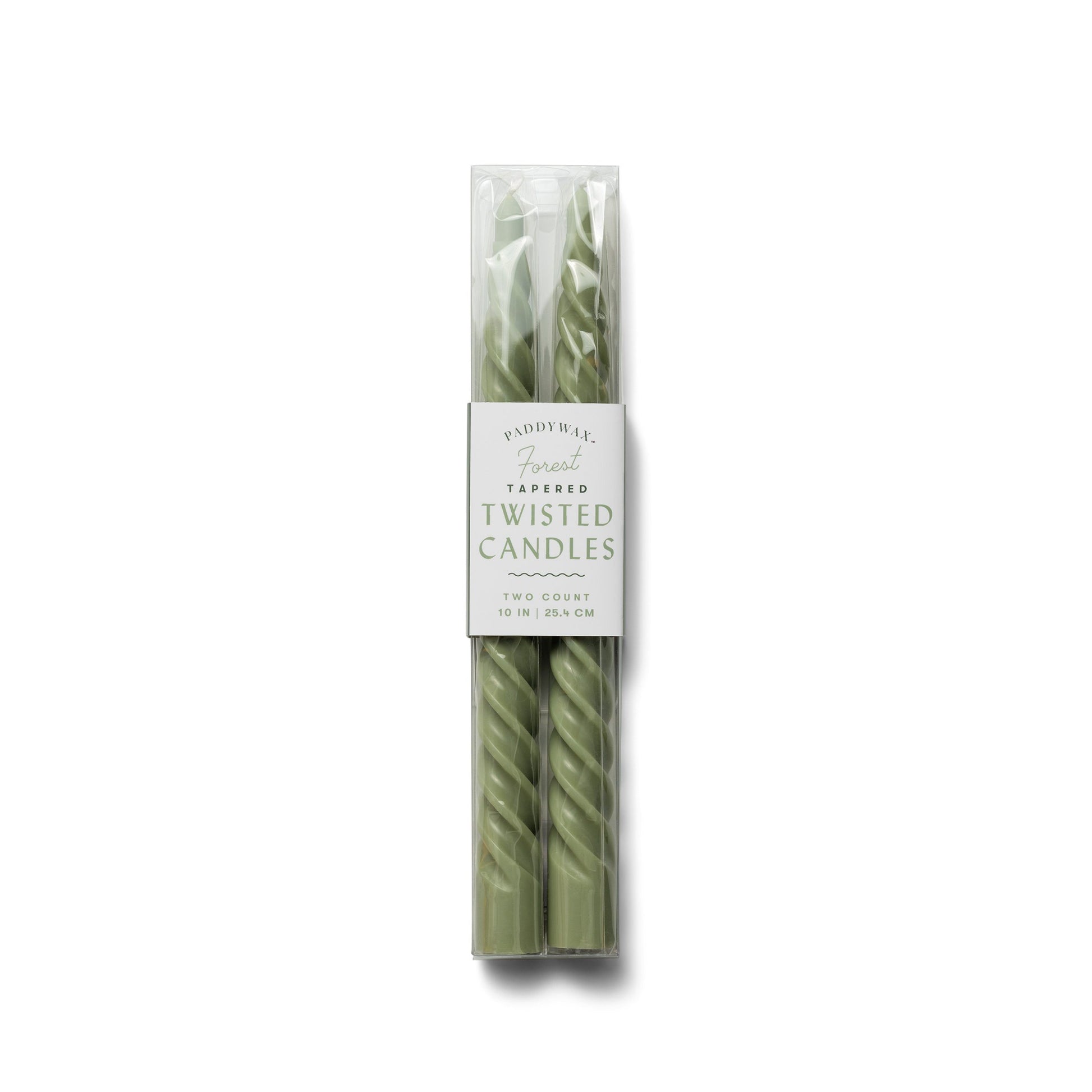 Two 10" non-scented twisted forest green tapers pictured inside the clear package with white label