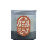 The Rosemary + Sea Salt - Vista 12 oz Candle by Paddywax features white soy wax in a gray vintage-style jar, with a round orange label. Crafted in Nashville, Tennessee.