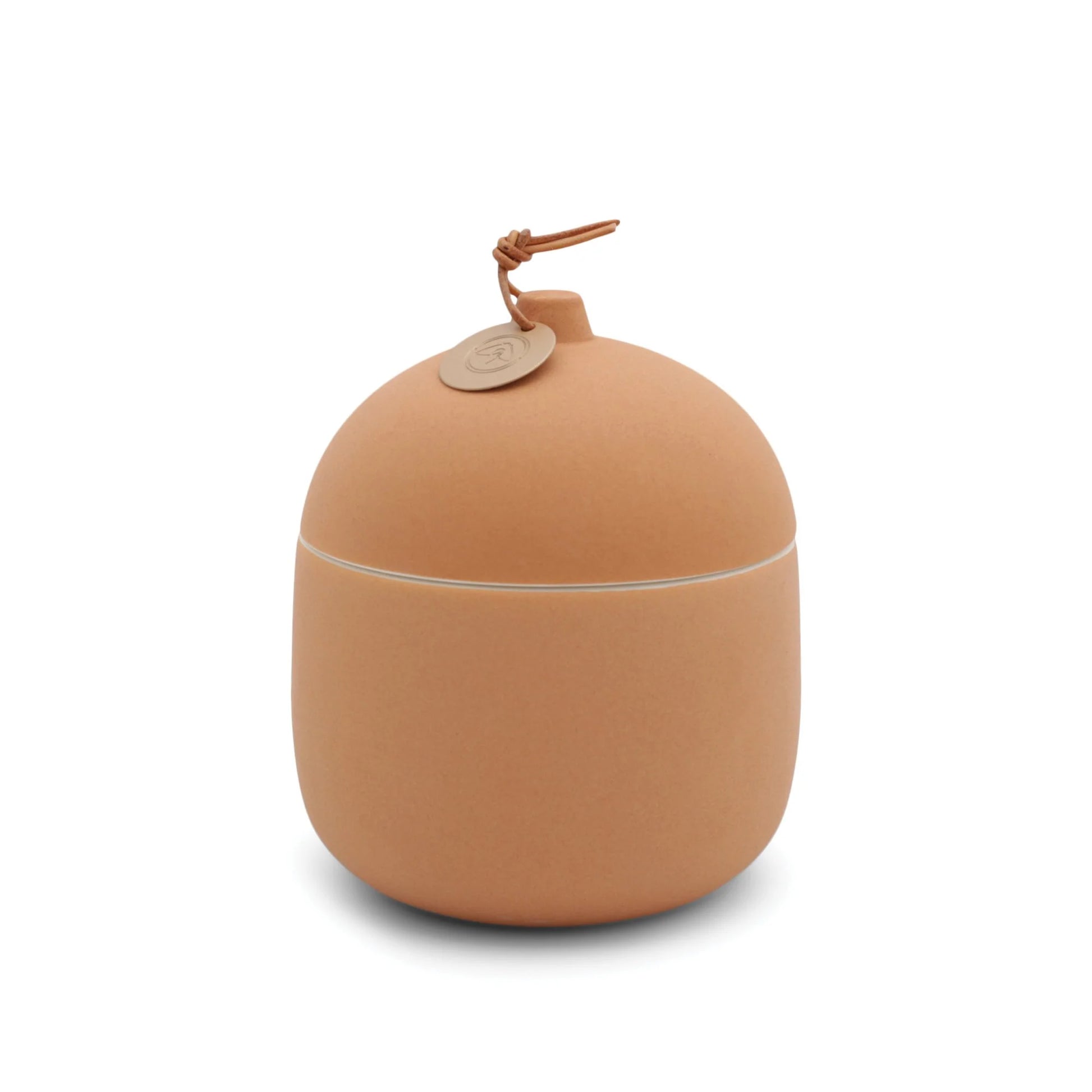 Keepsake 12 oz Candle - Amber Woods - orange colored clay vessel