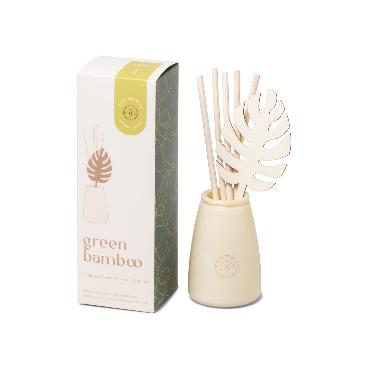 Flourish 4 oz Diffuser - Green Bamboo box and diffuser side by side