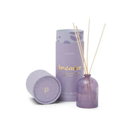 The Lavender - 1.5 oz Diffuser includes a lavender-hued glass container, soothing lavender fragrance liquid, and wooden reeds for a calming aroma experience.