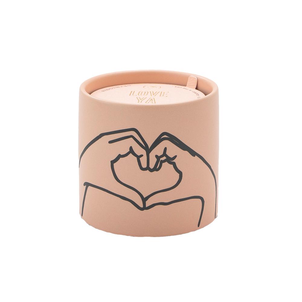 Impressions 5.75 oz Candle - Tobacco + Vanilla "Love Ya" - light pink colored vessel with a black outline hand making a heart