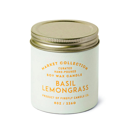 Market 8 oz Candle - Basil Lemongrass - white colored tin with lid