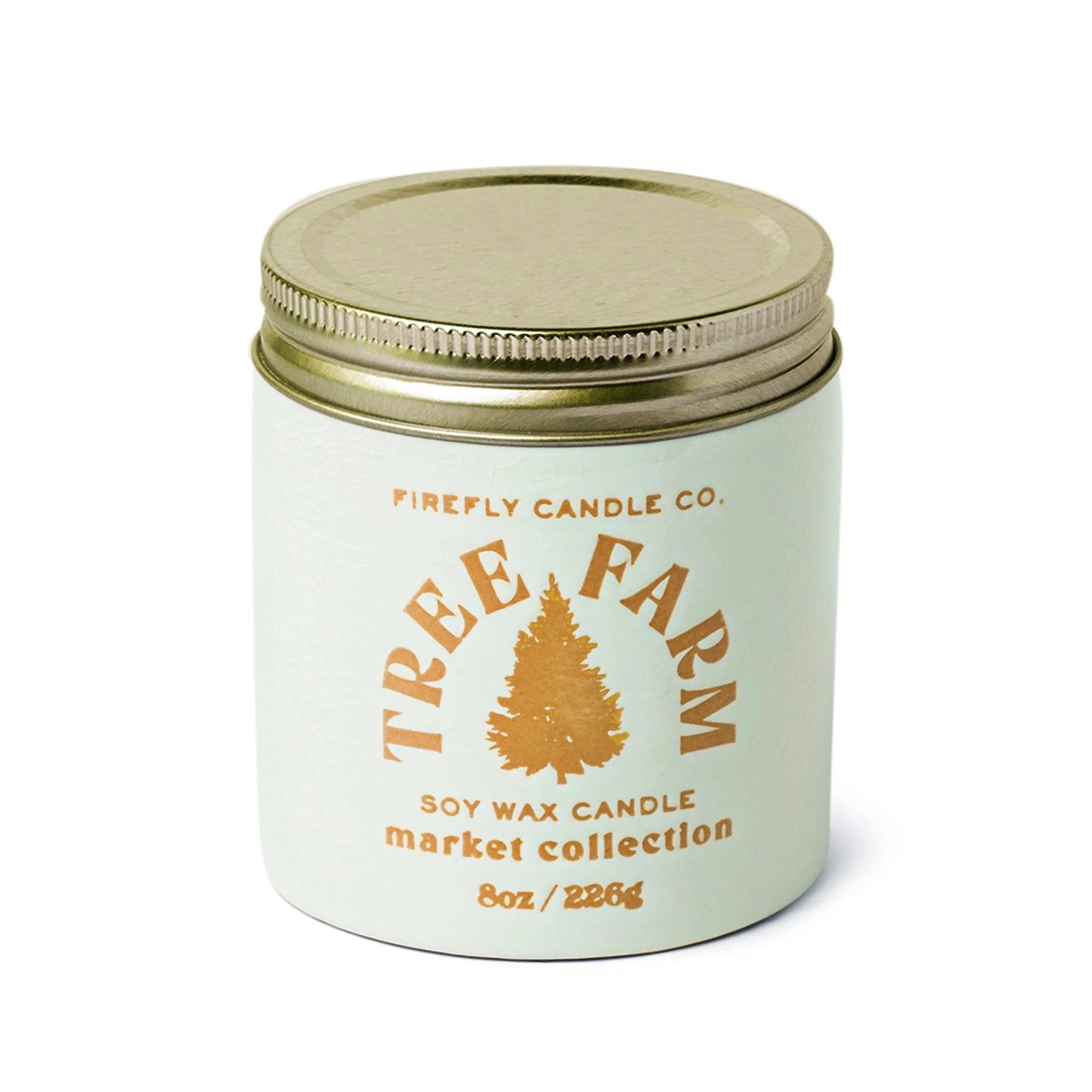 Market 8 oz Candle - Tree Farm - white colored jar with tin lid