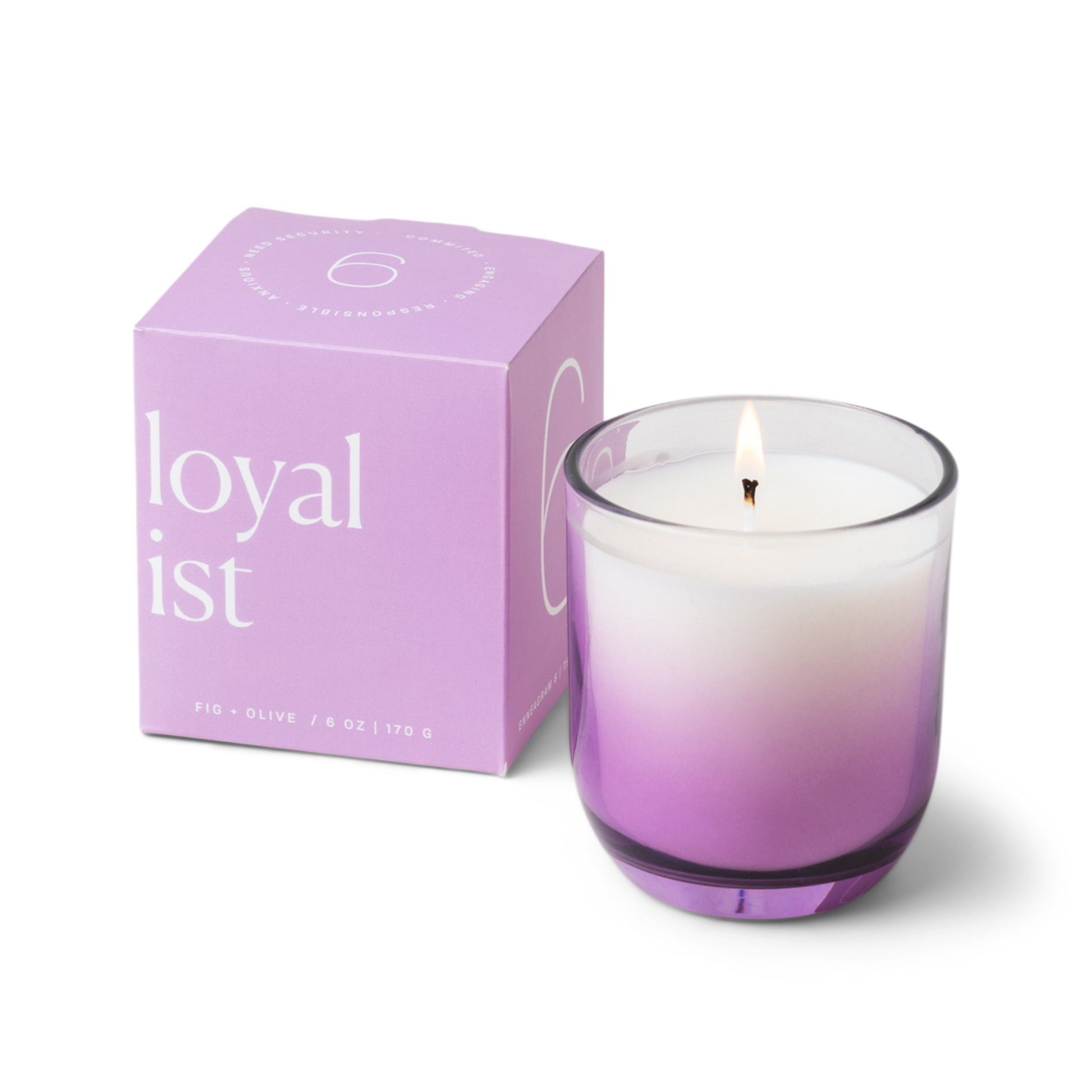 Candle with a vessel of clear glass that fades to purple at the bottom; pictured next to the purple box which reads “loyalist”