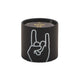 Impressions 5.75 oz Candle - Leather + Oakmoss "Rock On" - black colored vessel with a white outlined hand symbolizing rock on