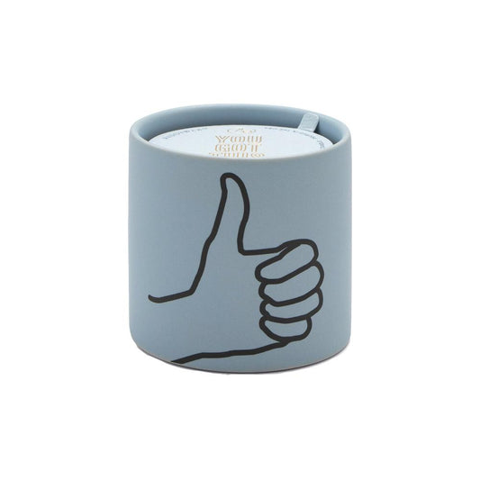 Impressions 5.75 oz Candle - Mint Leaf + Cardamom "You Got This" - blue vessel with a black outline hand doing a thumbs up